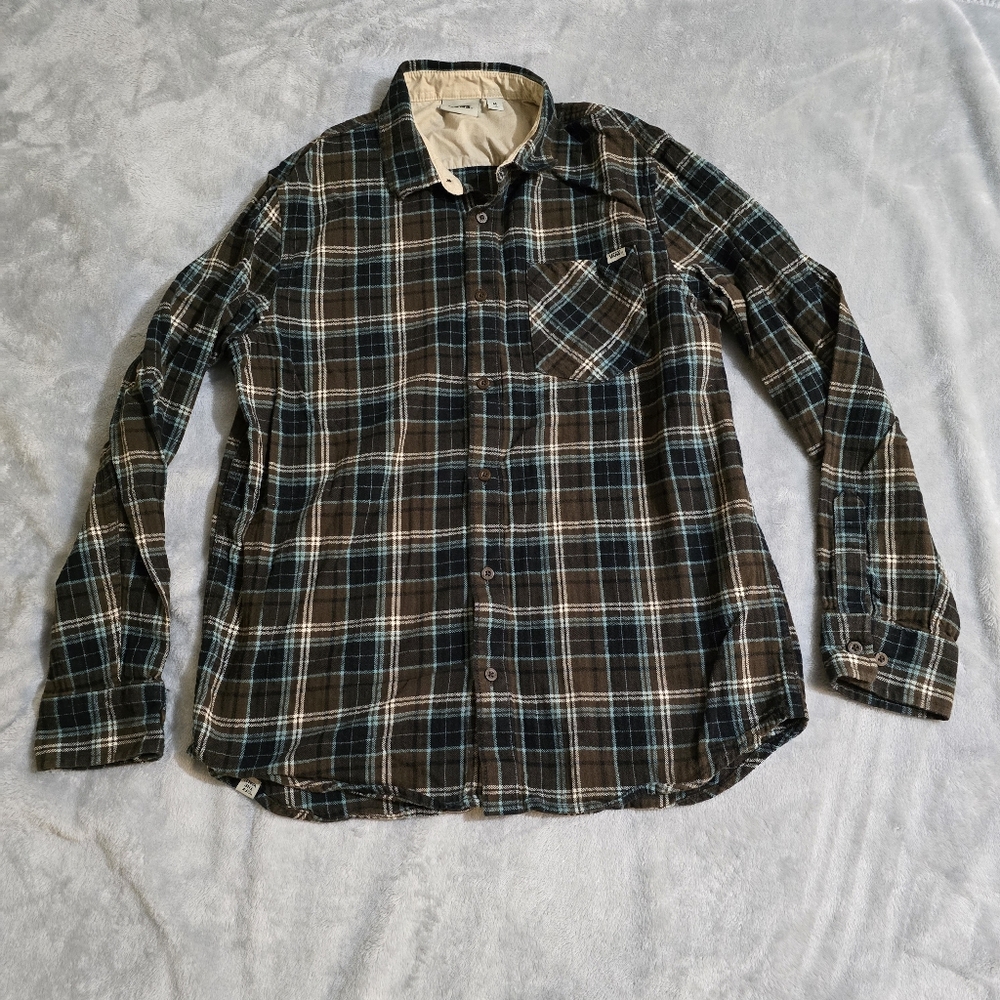 Vans Flannel Shirt Mens Med Brown Black Green Plaid Long Sleeve Button Up Skater